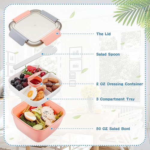 Miniatura 3 de Contenedor de ensalada para almuerzo, contenedor de almuerzo de 50 onzas con 3 compartimentos, caja Bento para ensalada para adultos con contenedor