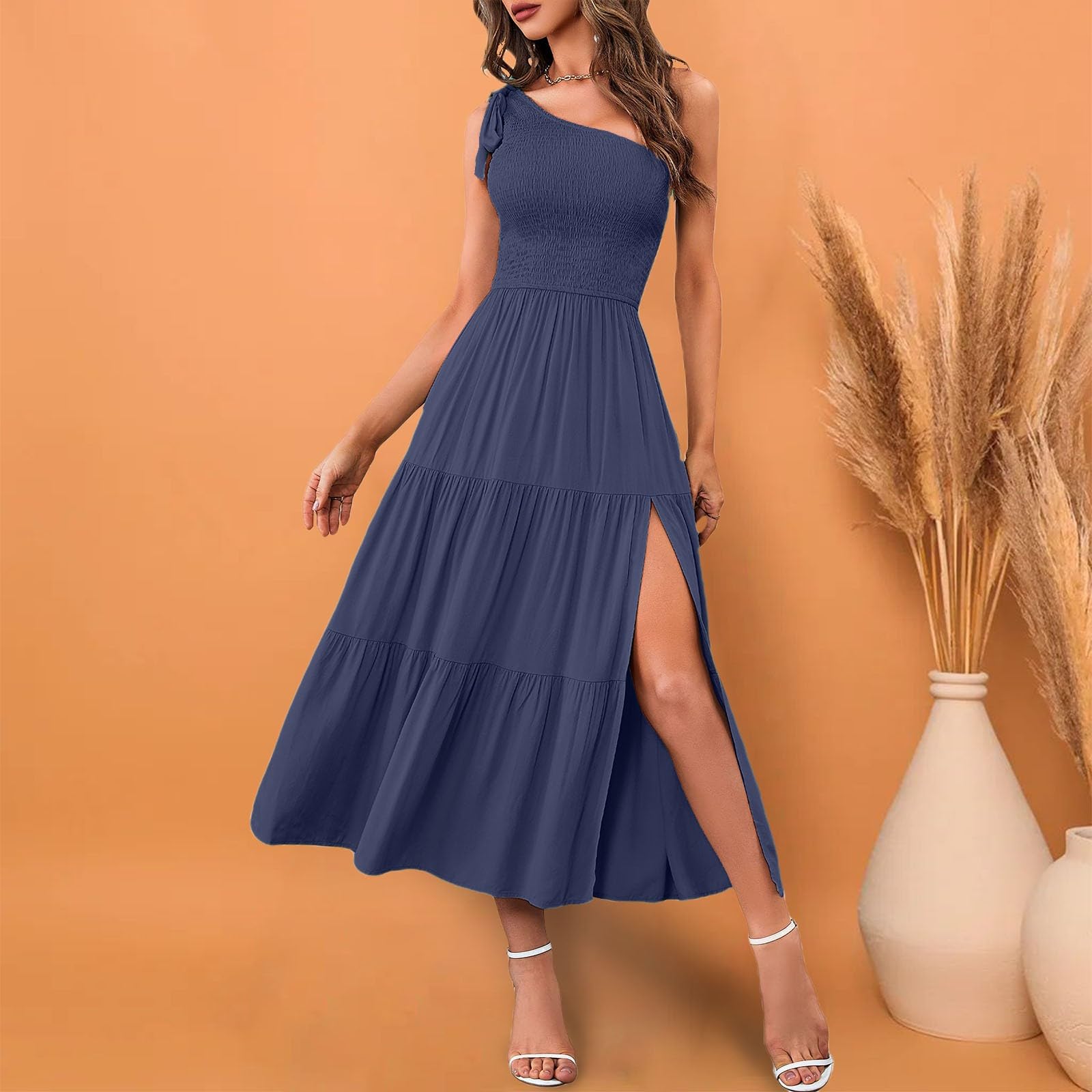 Vestido casual de verano para mujer 2024 con un hombro descubierto, sin mangas, cintura elástica, escalonado, para uso diario, trabajo, cita nocturna
