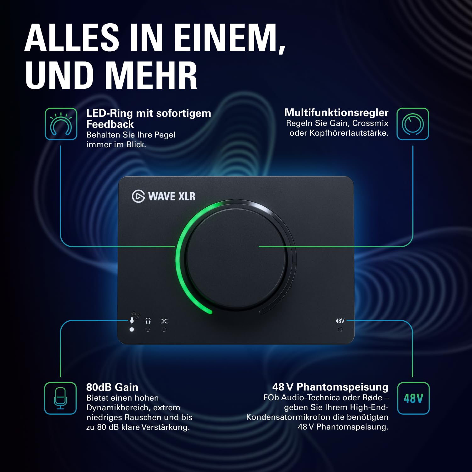 Elgato Wave XLR MK.2 - USB-Audio-Interface und DSP-Mixer für XLR-Mikrofone, 80dB Gain, Onboard-Effekte, LED-Feedback, Touch Mute, funktioniert mit Stream Deck, PC & Mac