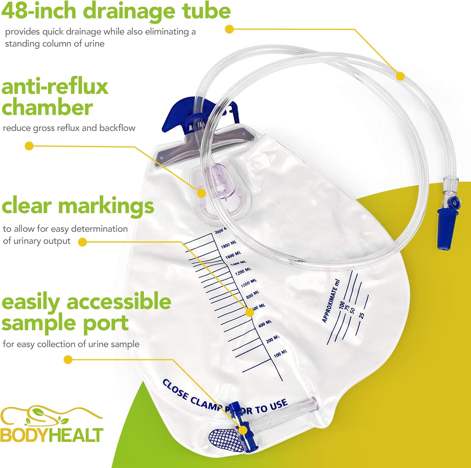 Buy BodyHealt Urinary Drainage Bag with AntiReflux Chamber, 2000 mL