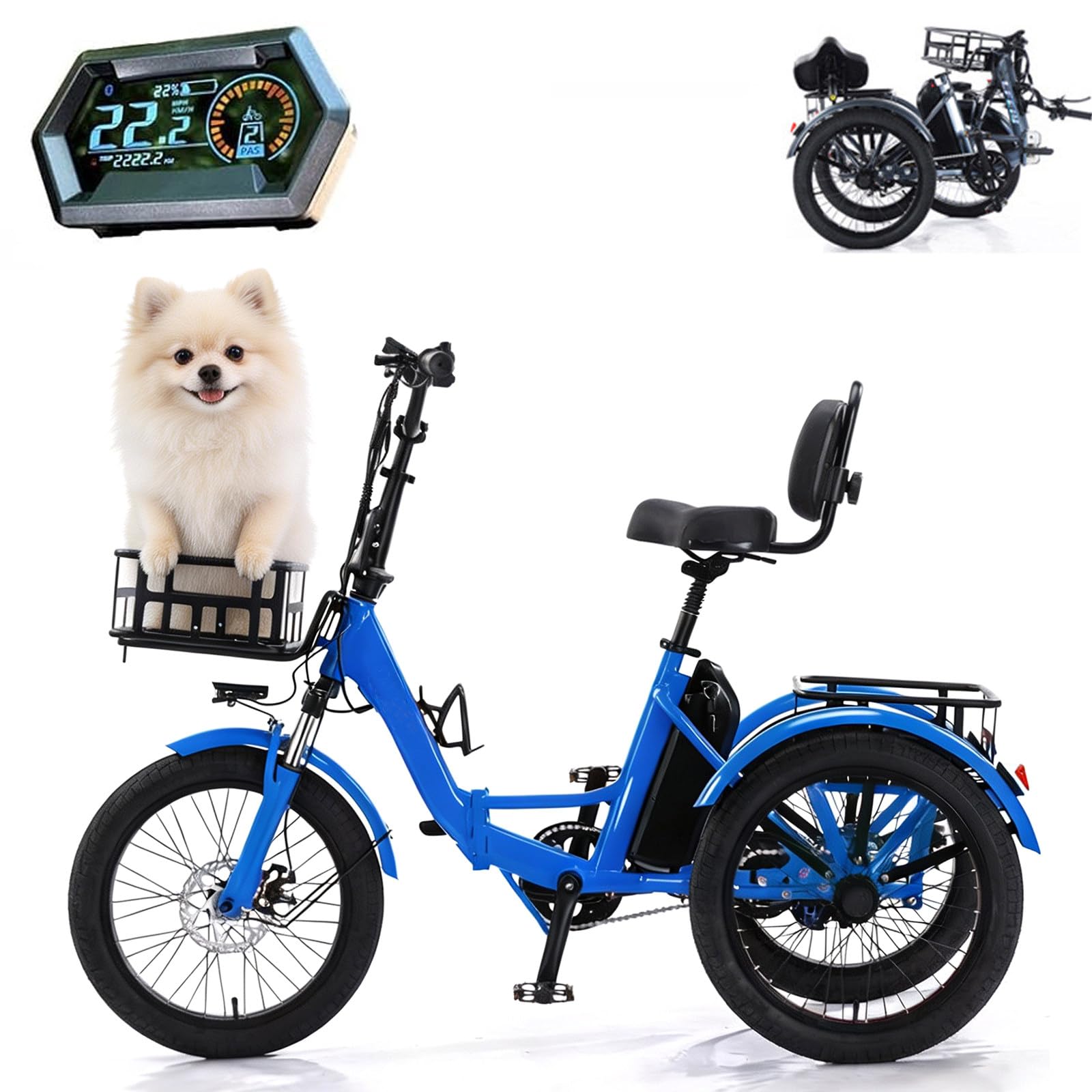 BuilfutenM Foldable Pedal Tricycle Adult Bike Fat Tyre with Cargo Basket Easy Climbing Load Capacitay Fat Tire for Adults,Comfortable Rides 20Inch-Blue
