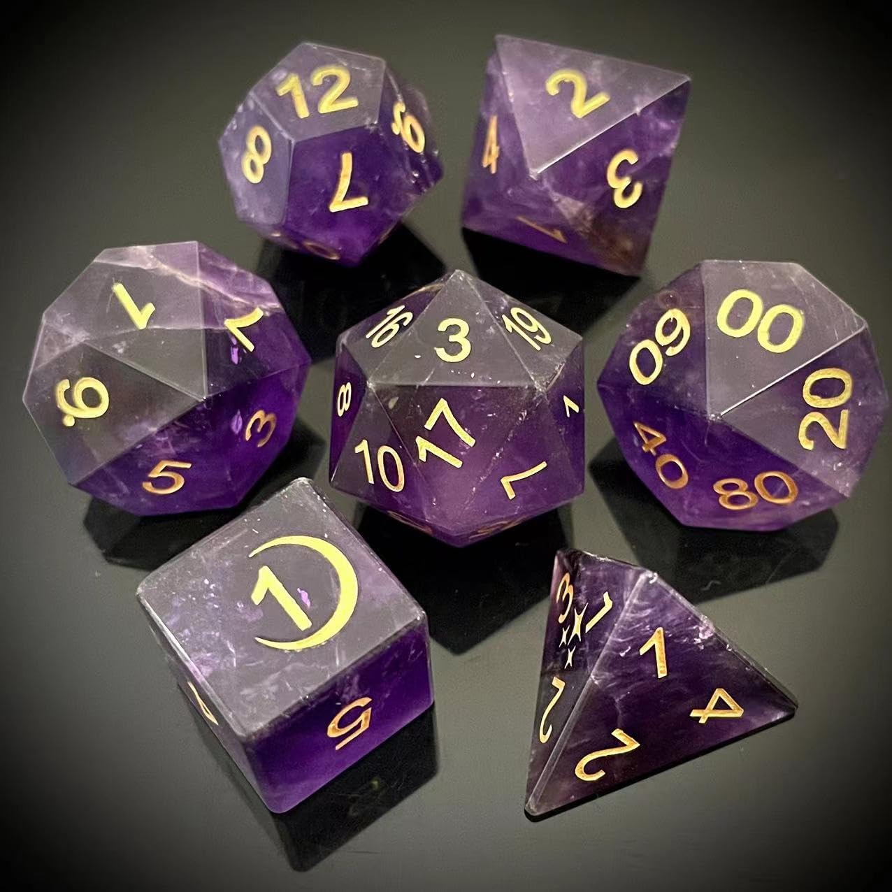 Truewon Stone Dice Set of 7 Handmade Dice for RPG DND Made by Natural Gemstones. (Amethyst Moon Stars Selected)