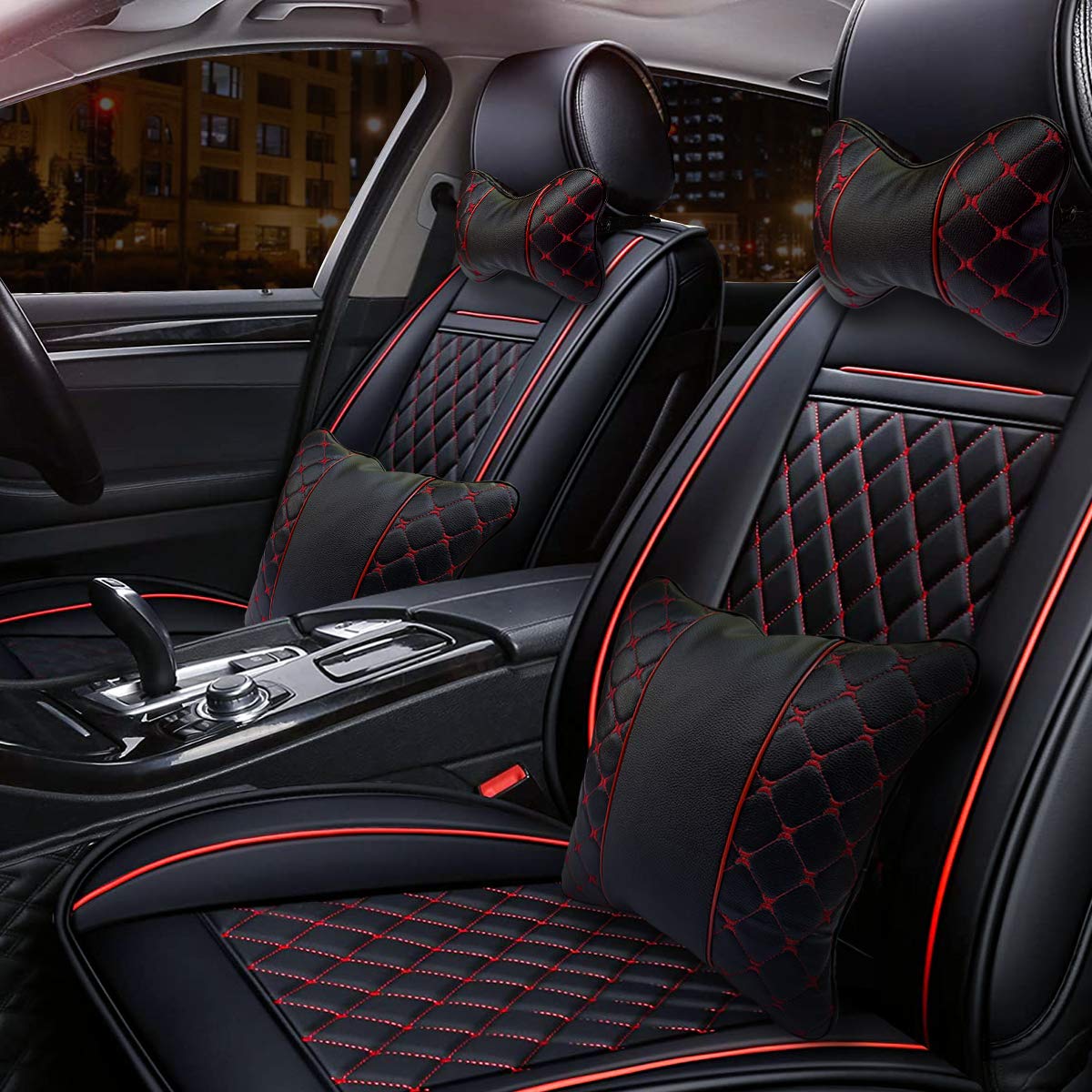 SARTE Faux Leather Car Pillows and Cushions for Neck Rest (Black Red) - Pack of 4