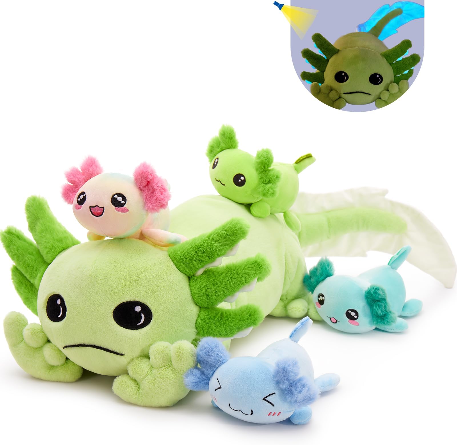 Tezituor Axolotl Plush Toy with 4 Babies, 31.5" Cute Axolotl Stuffed Animals Luminous Axolotl Plushies Soft Large Pillow Birthday Gifts for Girlfriends Kids,Green(Glow in The Dark)