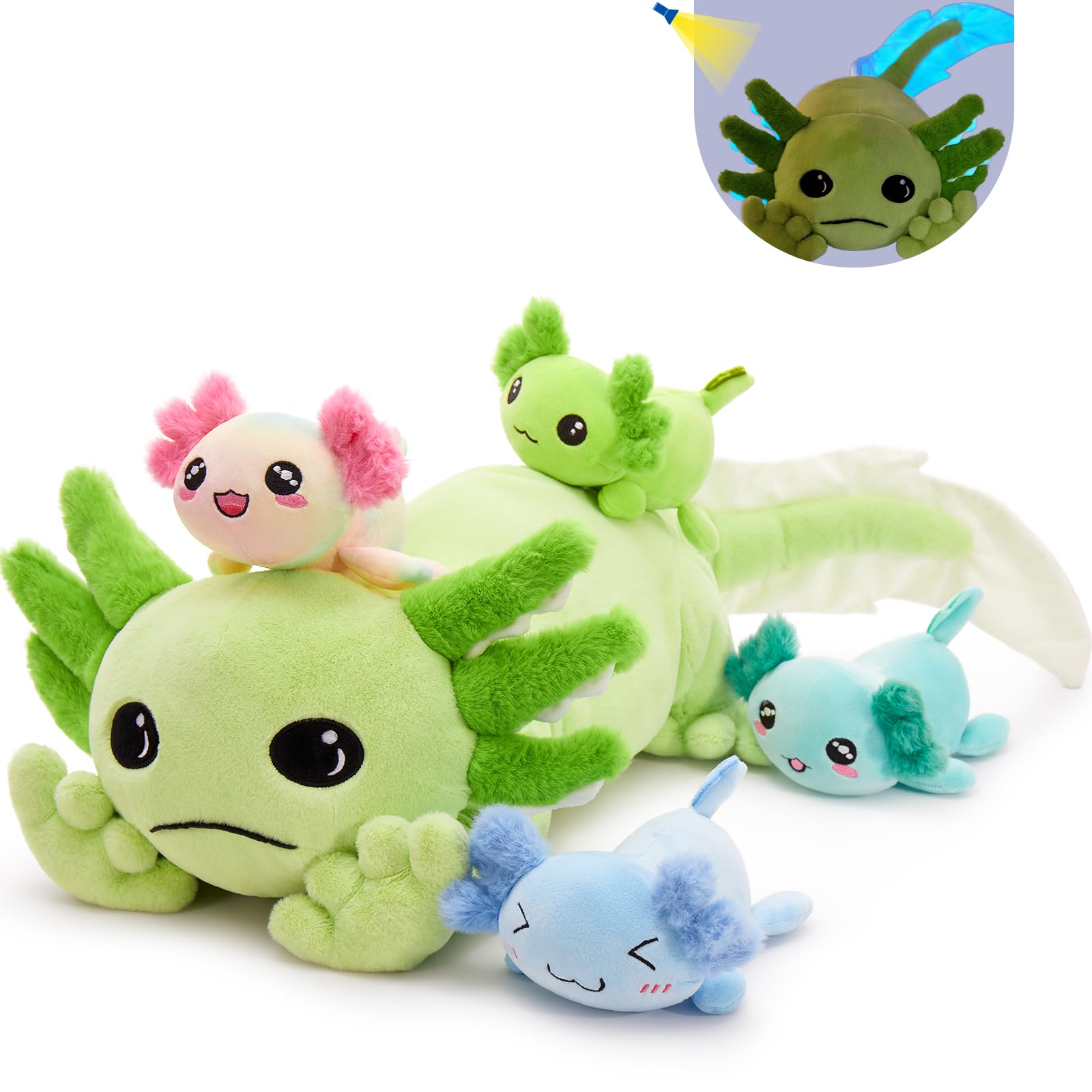Tezituor Axolotl Plush Toy with 4 Babies, 31.5" Cute Axolotl Stuffed Animals Luminous Axolotl Plushies Soft Large Pillow Birthday Gifts for Girlfriends Kids,Green(Glow in The Dark)