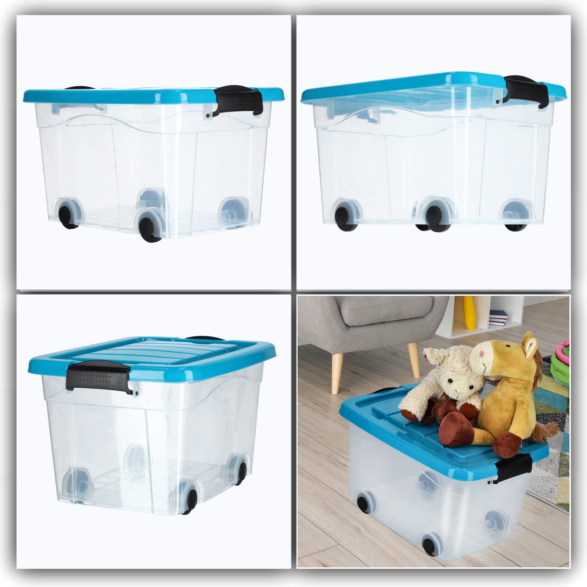 KADAX Contenitore di Plastica con Ruote, 62x46x37cm, Scatola di Deposito in Plastica, Scatola di immagazzinaggio, Contenitore di Stoccaggio con Coperchio a Fare Clic (60L, Blu)