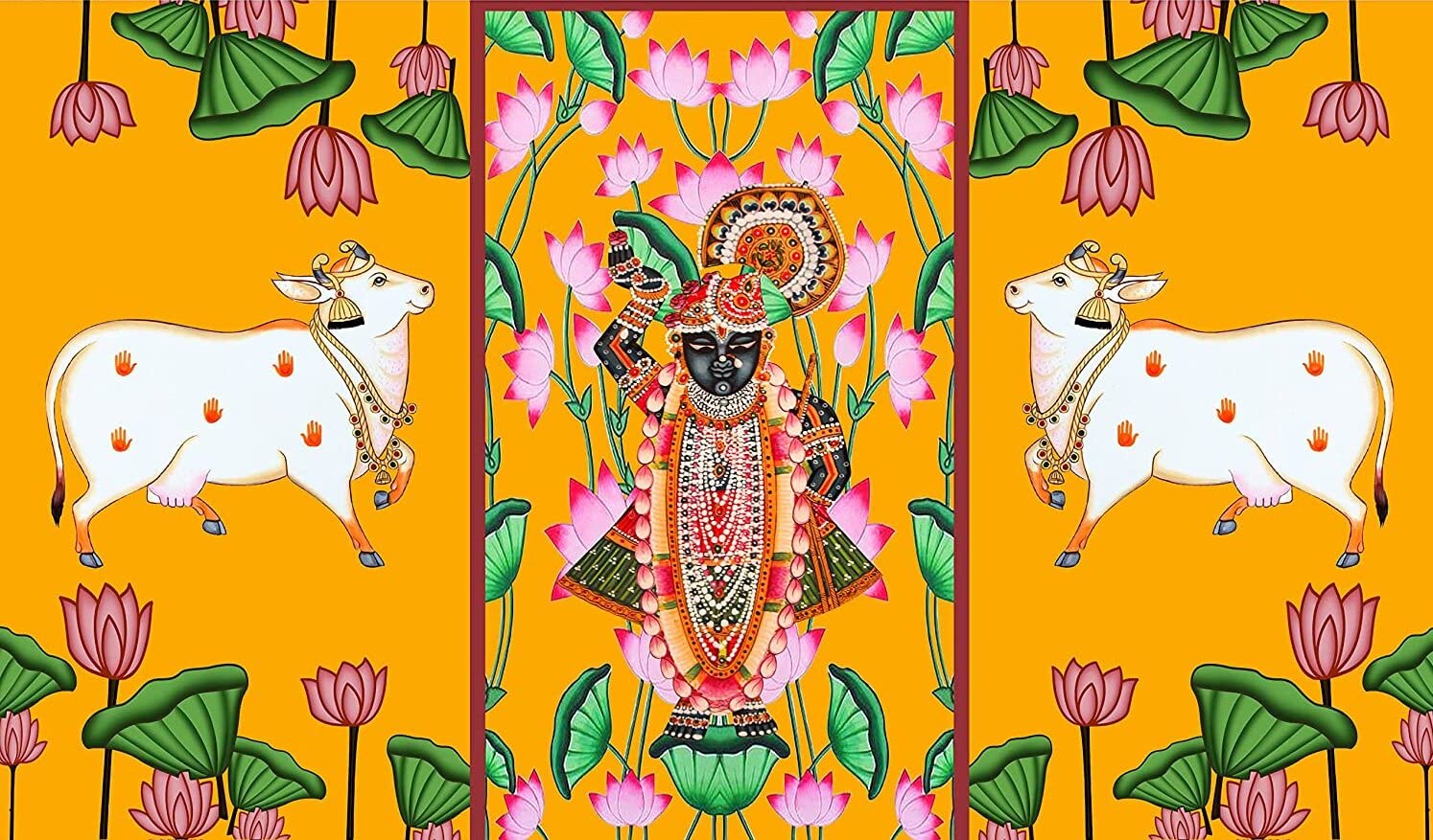 Two cow with Srinath ji design Decoration Backdrop for Pooja Decoration Traditional Background Curtain Cloth for Pooja Festival Fabric-Polyester size 5Feet Height and 8Feet width(5*8)