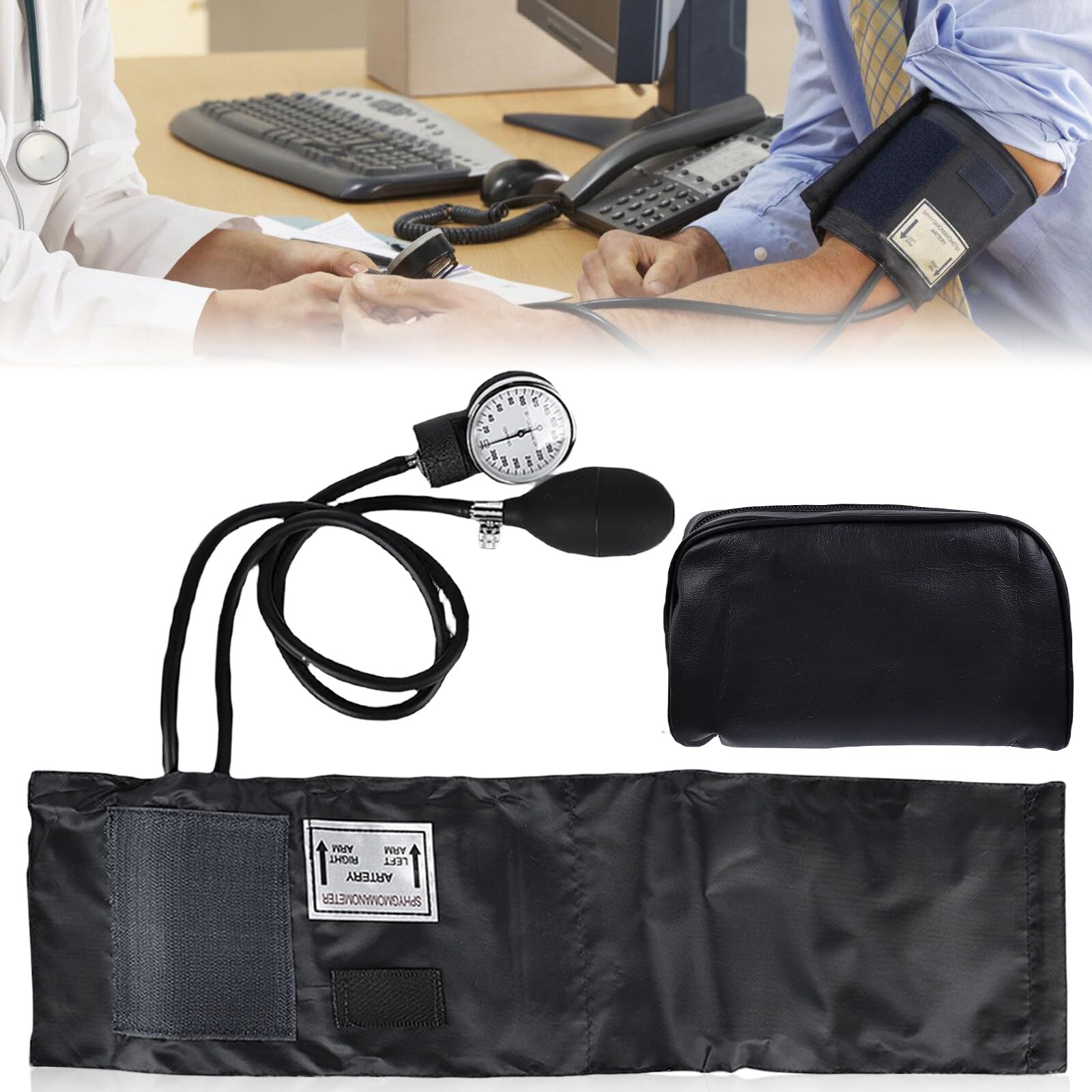 Tensiómetro aneroide manual con manguito de adulto, tensiómetro aneroide con manguito para adultos, monitor de presión arterial profesional con bolsa de transporte para el hogar, médico, hospital