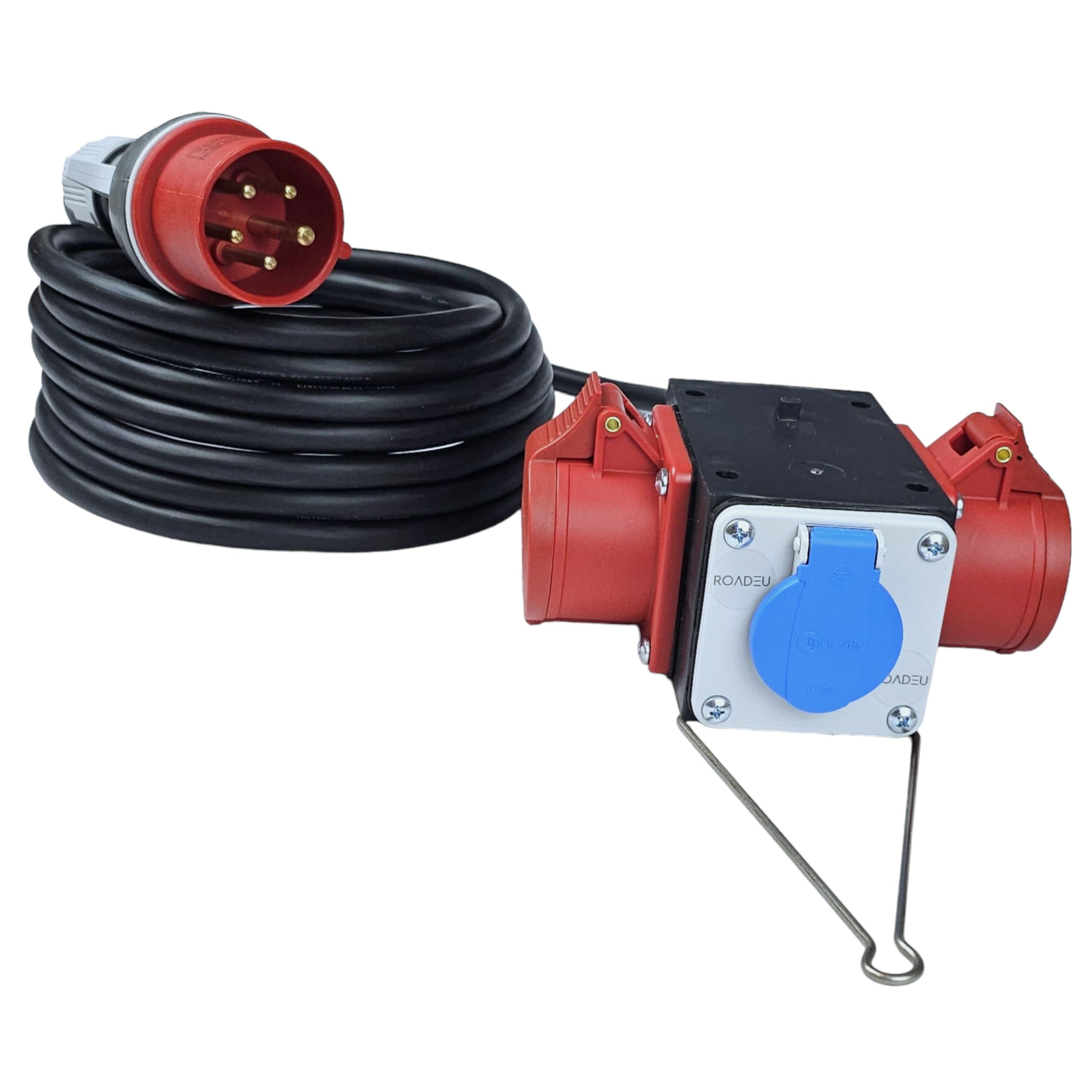 RoadEu - Distribuidor de Corriente con Salidas CEE y Schuko - Adaptador Industrial 380V y 230V 16A - Distribuidor móvil, Cable de Goma de 5m. Ideal para Taller, Cobertizo y Fábricas