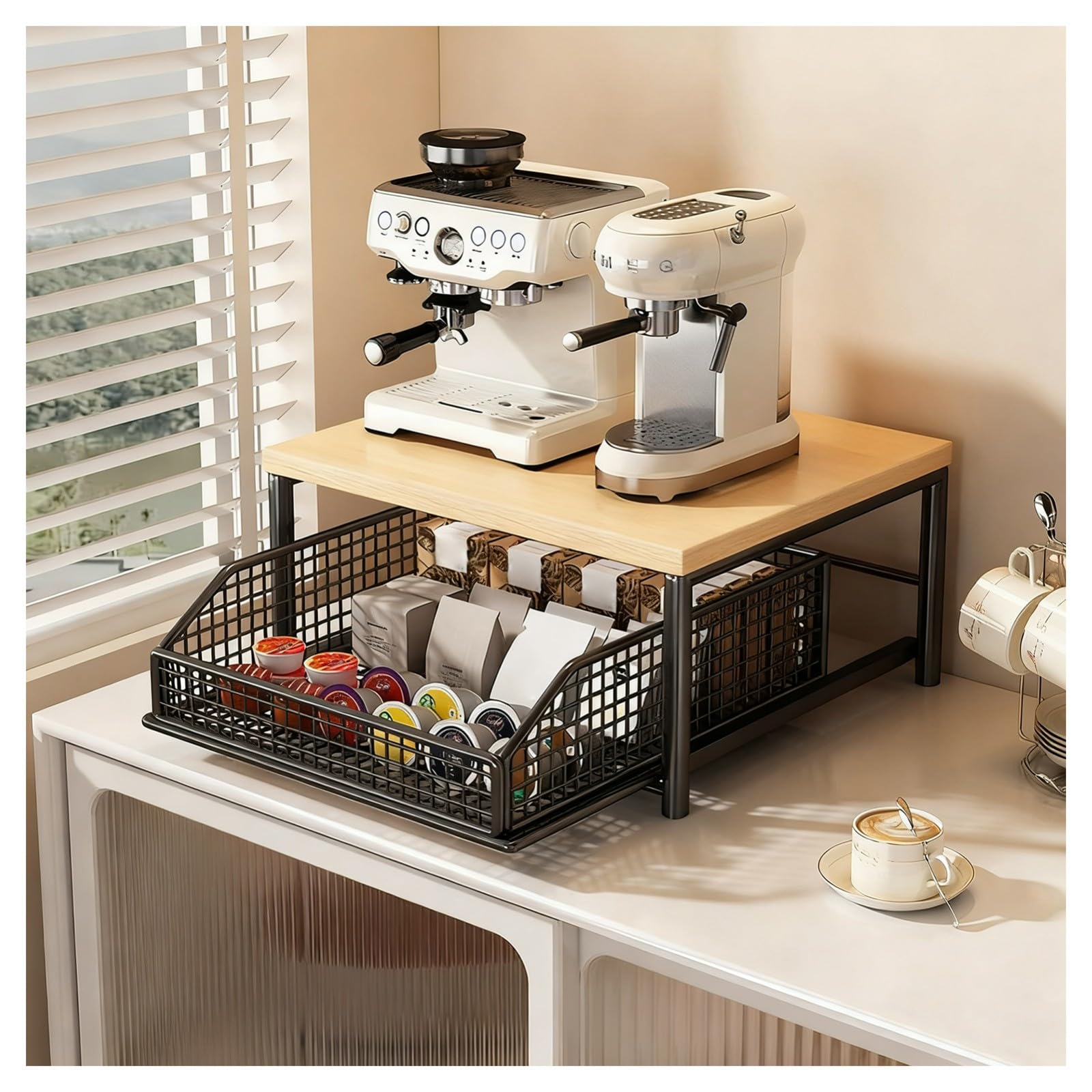 2-Tier Kitchen Microwave Rack with Storage Basket ll-Out Microwave Stand Cart Countertop Drawer Shelf for Kitchen Coffee Bar Living Room Office - Black