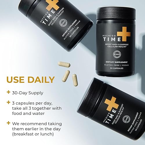 Miniatura 8 de Nuchido TIME+ NAD+ Suplemento para hombres y mujeres, fórmula avanzada para un envejecimiento saludable, energía, concentración, salud celular y