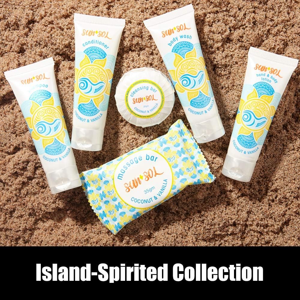 World Amenities Sun + Sol Bulk Moisturizing Massage Bar with Warm Coconut & Vanilla Fragrances, Sachet Wrapped Travel Size Toiletries, Mini Hotel Amenities, 1.23 oz, 100 Count