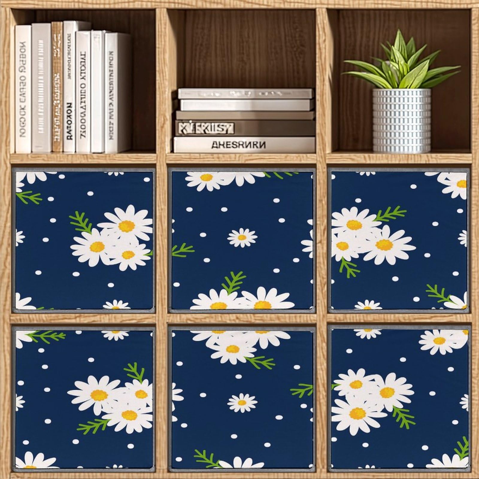 Cubi portaoggetti pieghevoli da 28 x 28 cm, con fiori bianchi, margherite, in tessuto, con manici, vestiti, coperte, giocattoli, organizer per casa e ufficio, confezione da 6