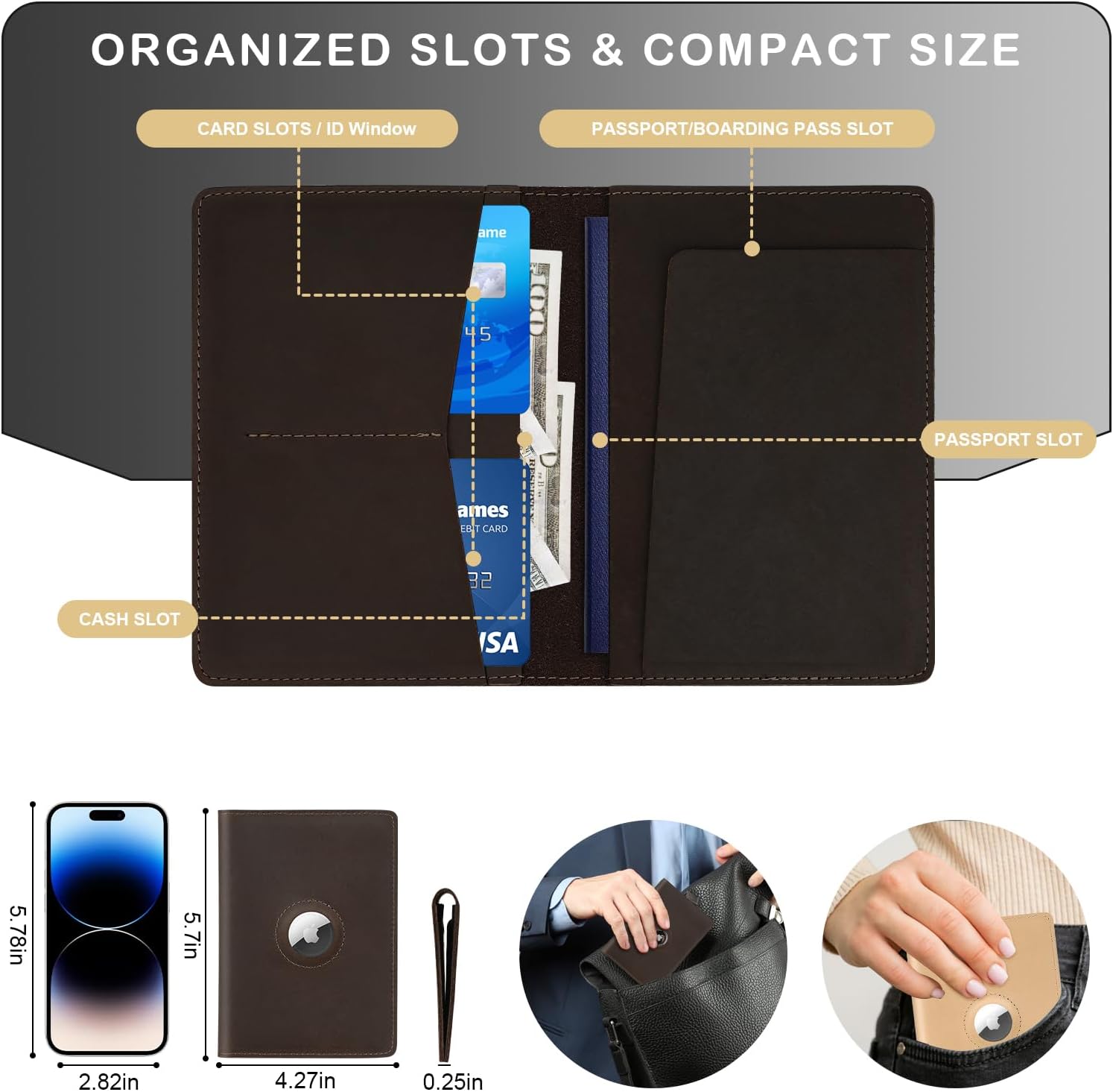 Airtag Passport Holder for Men and Women Travel, Real Leather Passport Wallet, Handmade Passport Cover Case with Airtag Slot, Travel Must Haves Essentials Accessories Birthday Gift(Crazy Horse,Coffee) - Image 5