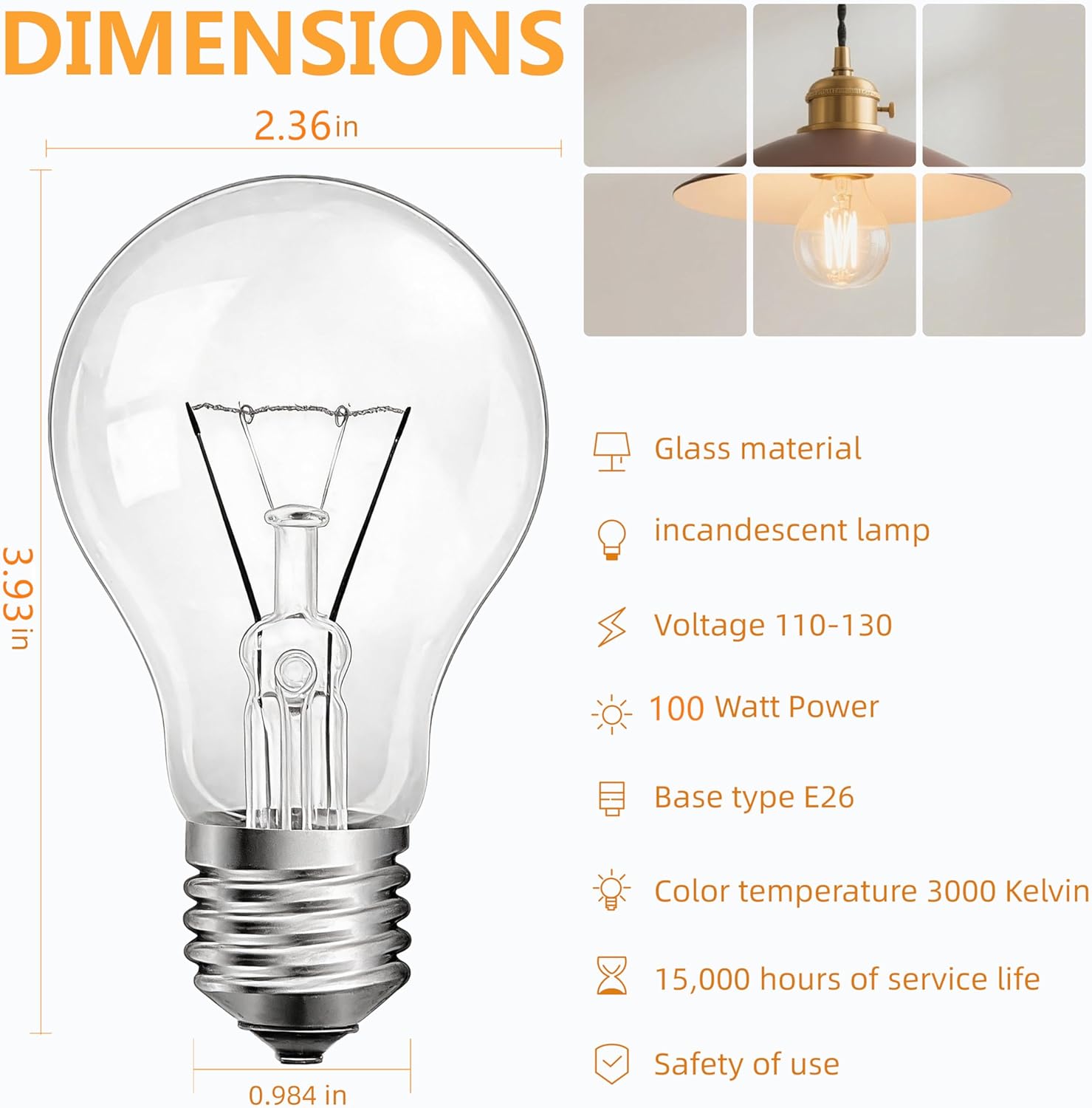 100 Watt Incandescent Light Bulbs, A19 Clear Incandescent Rough Service Light Bulb,A19 100 WATT Incandescent Bulb Shatter Resistant Rough Service Light Bulb 100 WATTS A19 Shape (12Pack)