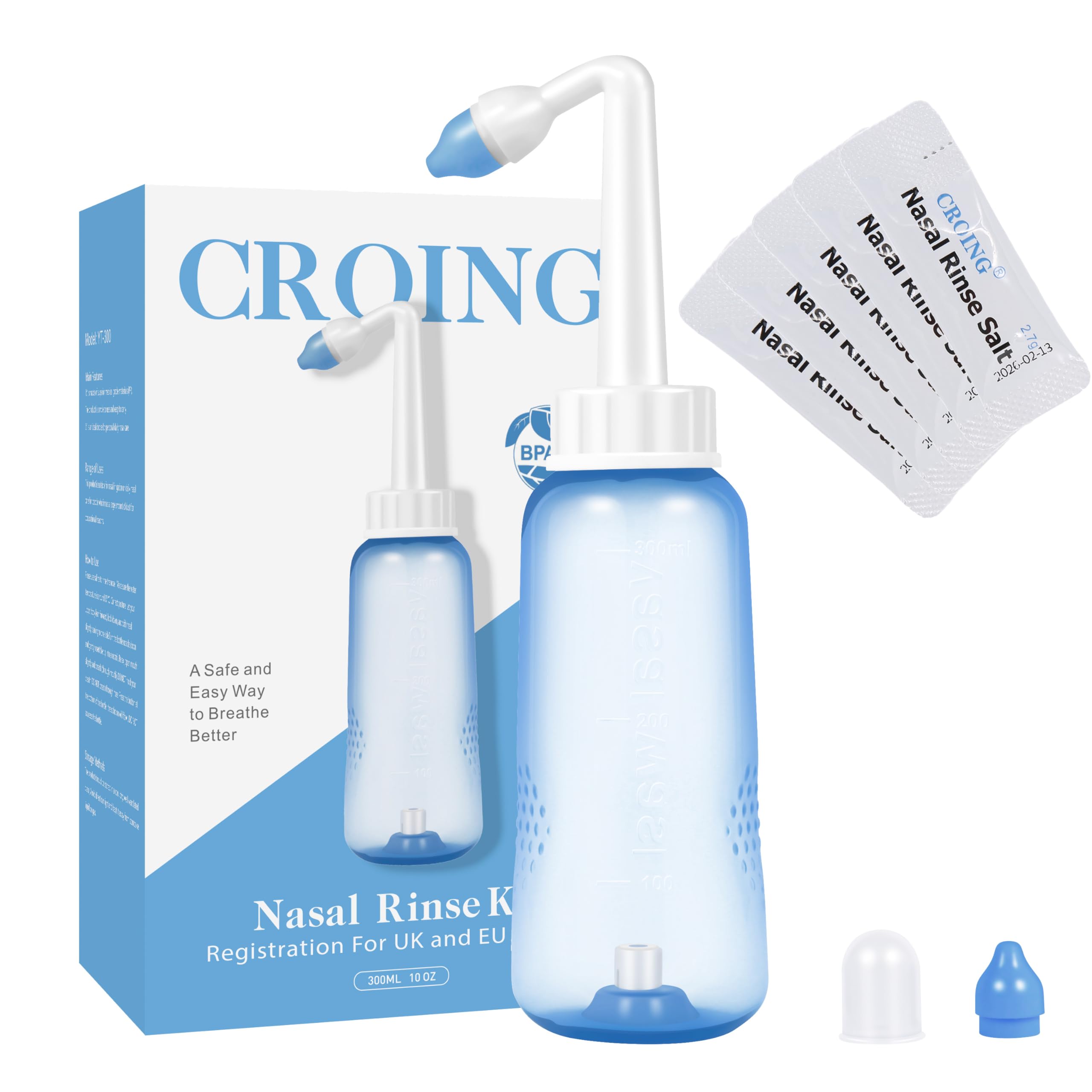CROING 40 x Sinus Rinse Salt + 1x Neti Pot (300ML), Nasal Rinse Kit, Nose Wash Cleaner Rinse Nasal Irrigation Nasal WashCARDEX Snore Free Nose Clip | Unisex Stop Snoring Anti Snore Free Sleep Silicone Magnetic Nose Clip | Nose Clip | Anti Snoring device Set Of 1