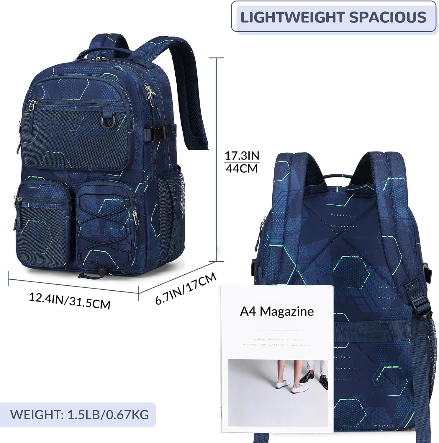 Lohol Multi-Pocket Backpack for Travel College, Heavy Duty Big Bookbag with 15.6 inch Laptop Compartment (Navy Geometry - Image 3