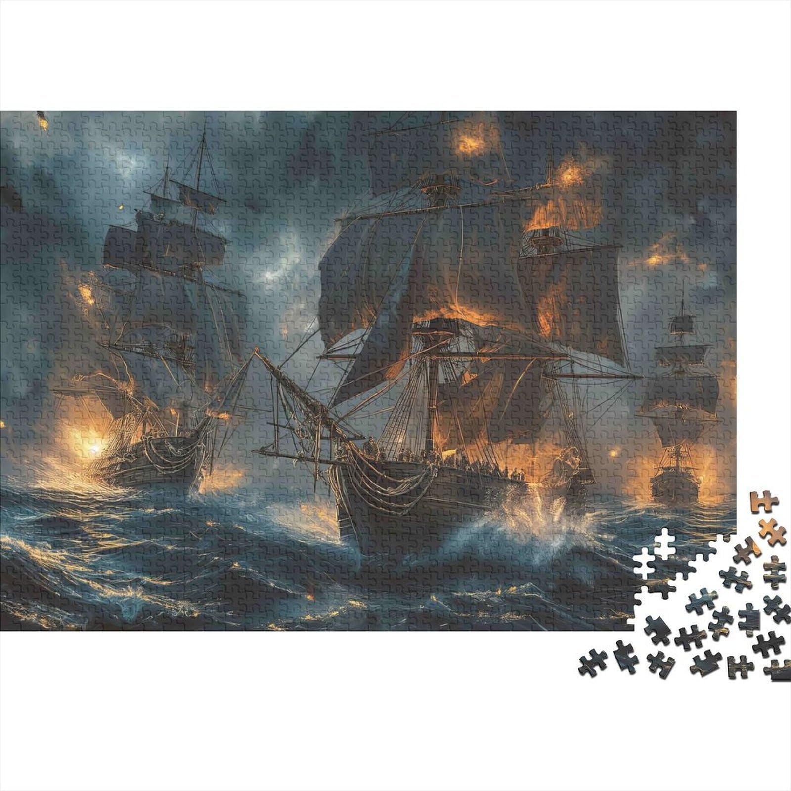 Naval Battle Scene 1000-Piece Recycled Cardboard Jigsaw Puzzle Set for Adults Night Sea Battle Ships Relaxing Educational Game Decompression for Wall Decoration & Gifts Top for Families