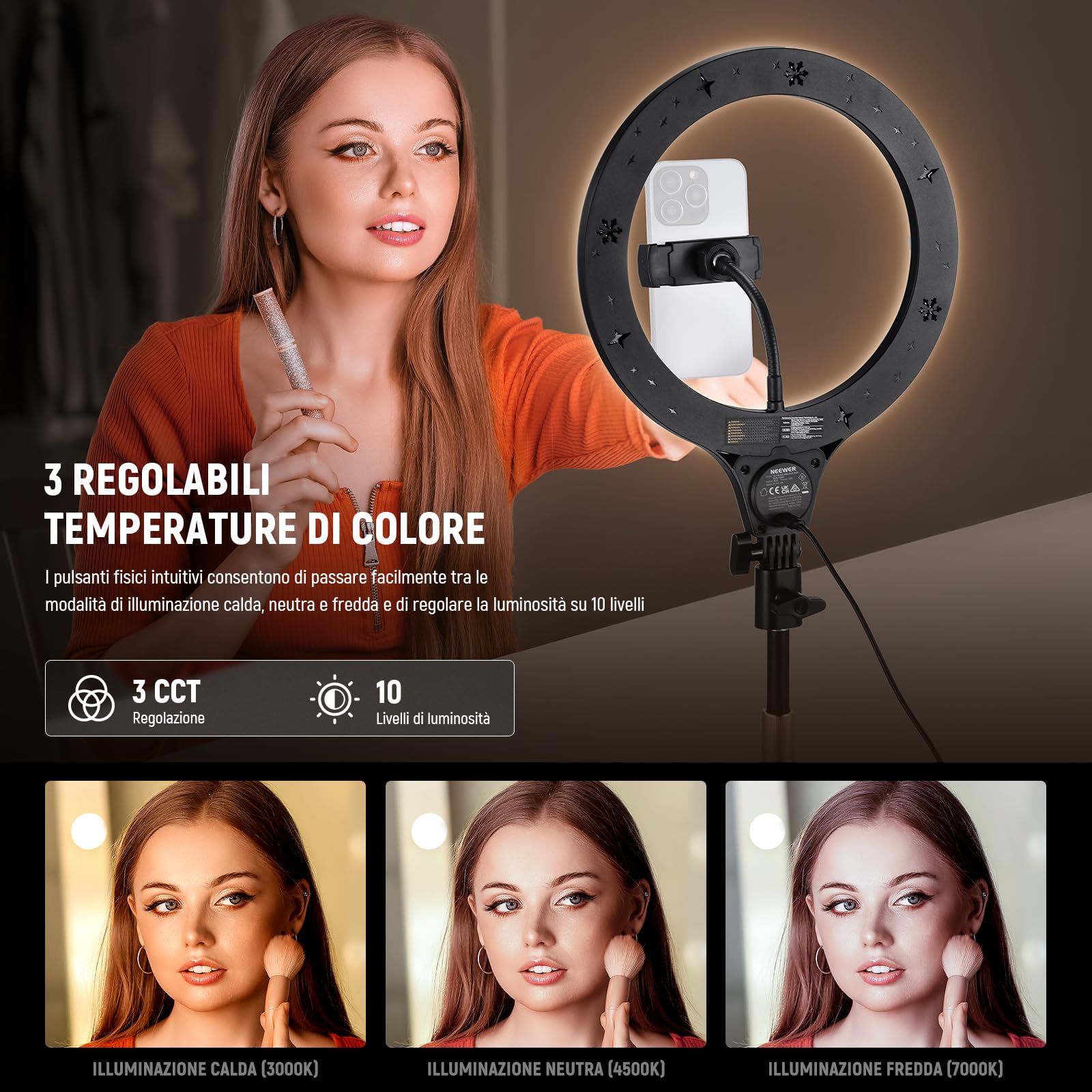 NEEWER ENTRY LEVEL VERSION 10.5" Ring Light da Tavolo con Stand/Portatelefono Compatibile con iPhone/Telecomando, Luce Anello 10W CRI85+ per Streaming Riprese Trucco Selfie Videoconferenza Laptop, N22