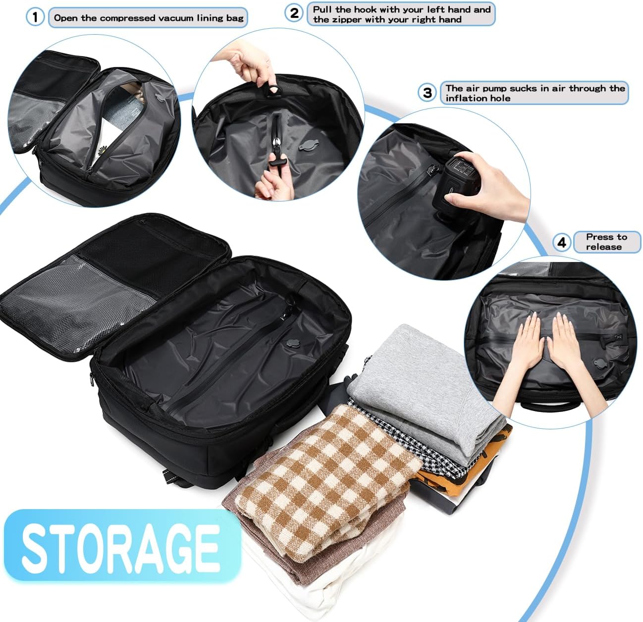 Cusangel compression Vacuum Backpack for Travel,Vacpack,Flight Approved Carry On Backpacks for International Travel,laptop Daypack 45L Expandable 60L Airback (No Vacuum pump)