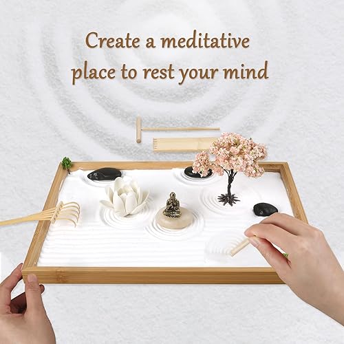 Miniatura 2 de Jardín Zen para escritorio de 11 x 7.5 pulgadas, arte de arena hecho a mano con bandeja, juego de regalo japonés, mini jardín zen con árbol bonsái,