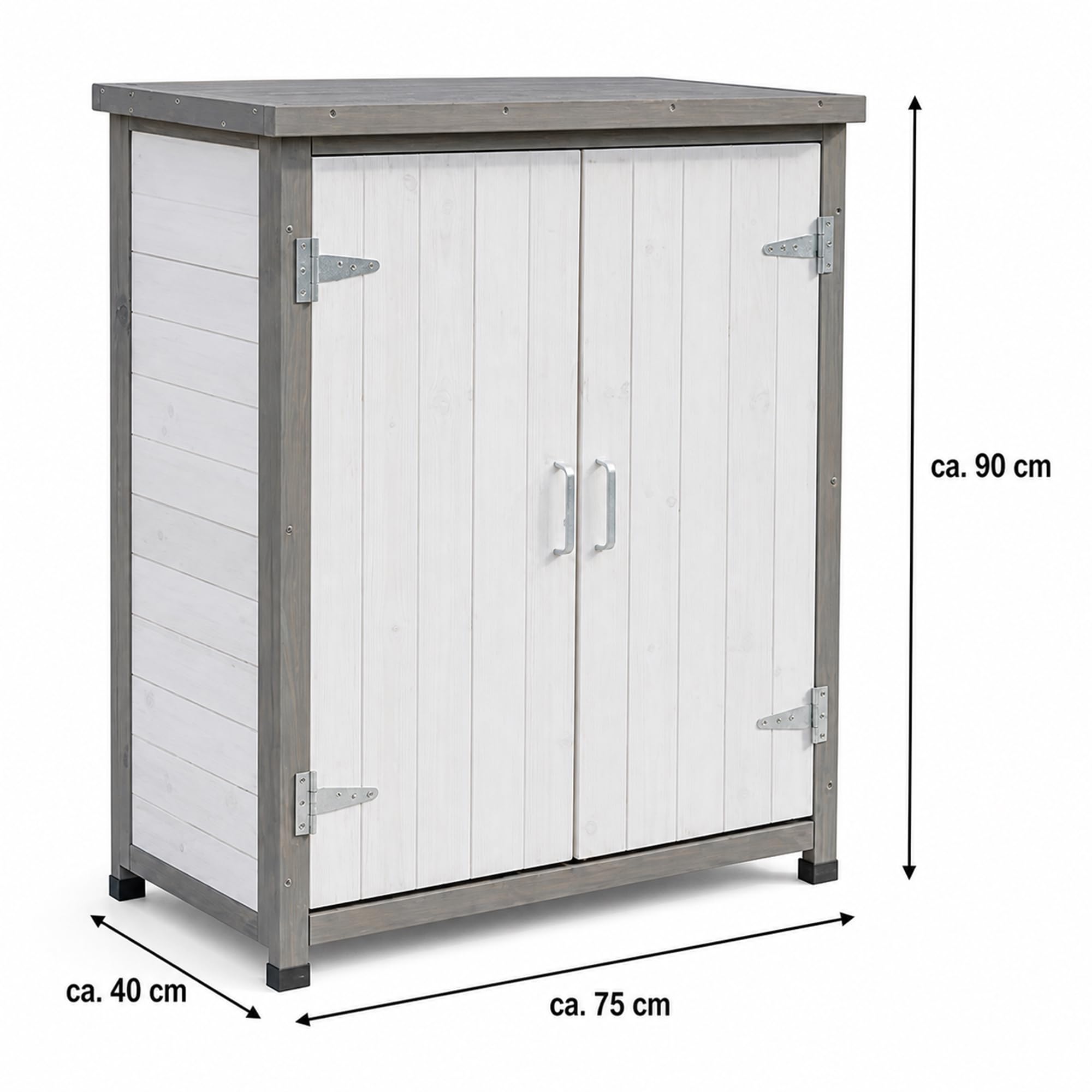 Mucola Geräteschrank Garten 75x40x90 cm Holz Weiß – wetterfester Gartenschrank mit Einlegeboden & silberfarbenen Beschlägen – Aufbewahrungsschrank Outdoor für Terrasse Balkon Gartenschuppen