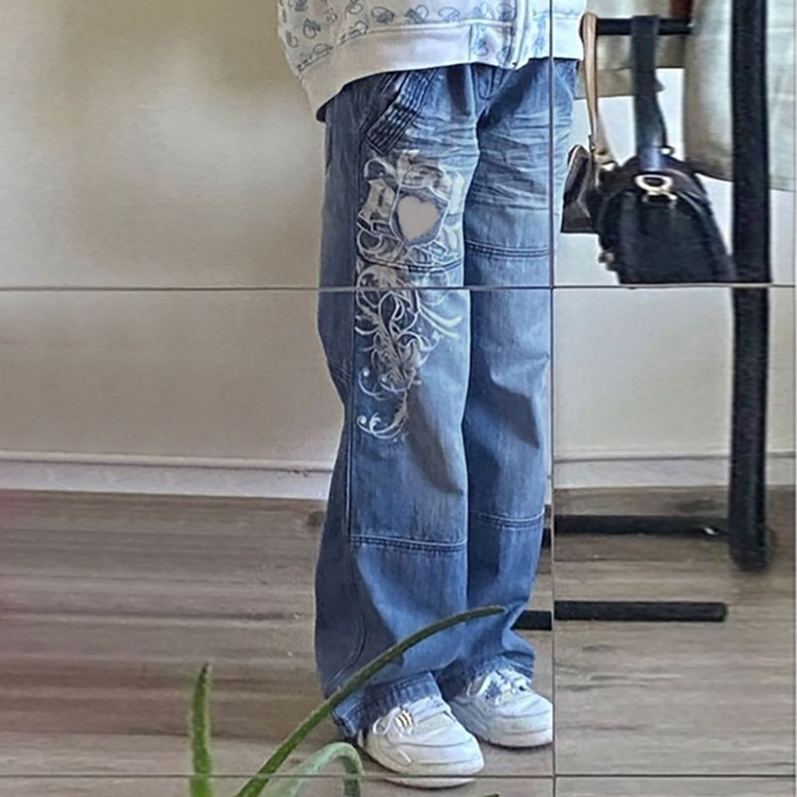 DGZTWLL - Pantaloni da donna con borchie, a vita bassa, stile anni '90, con stampa, gamba dritta, svasati, streetwear