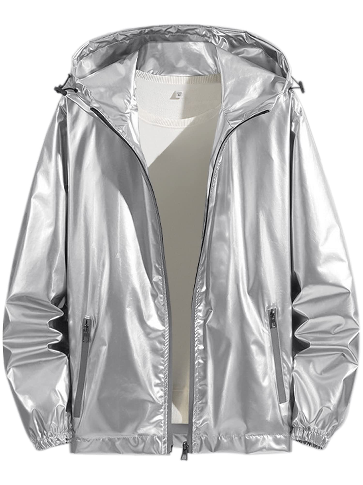 Lars AmadeusMetallic Jacket for Men's Solid Zipper Sparkle Shiny Holographic Hooded Windbreaker