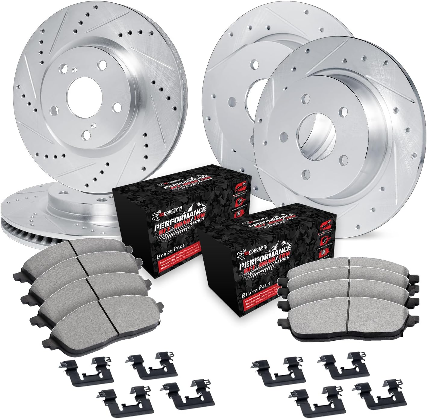 R1 Concepts Front and Rear Brake Kit For 2007-2018 Jeep Wrangler| Drilled Slotted Brake Rotors| Optimum OEP Brake Pads and Rotors Kit| Hardware included