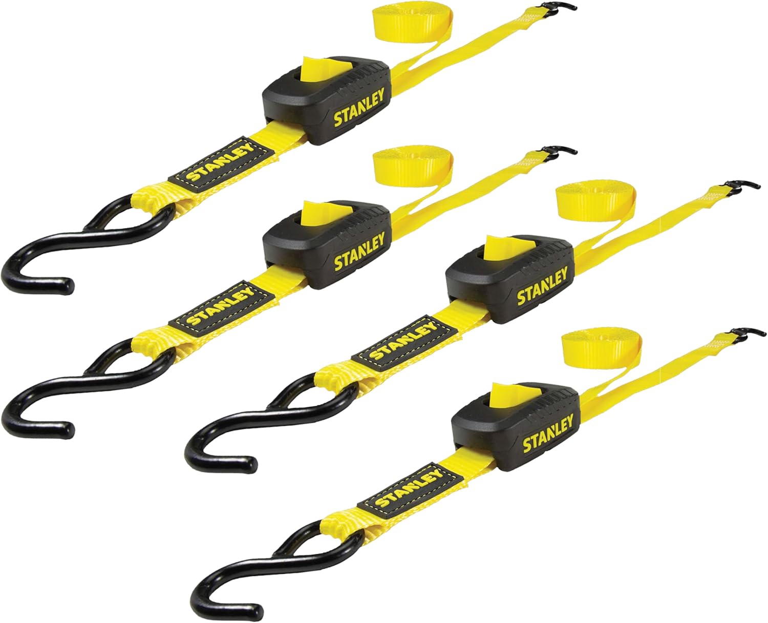 STANLEY S2002 Black/Yellow 1" x 10' Enclosed Cam-Buckle Tie Down Straps - 400 lb Safe Working Load / 1,200 lb Break Strength, 4 Pack