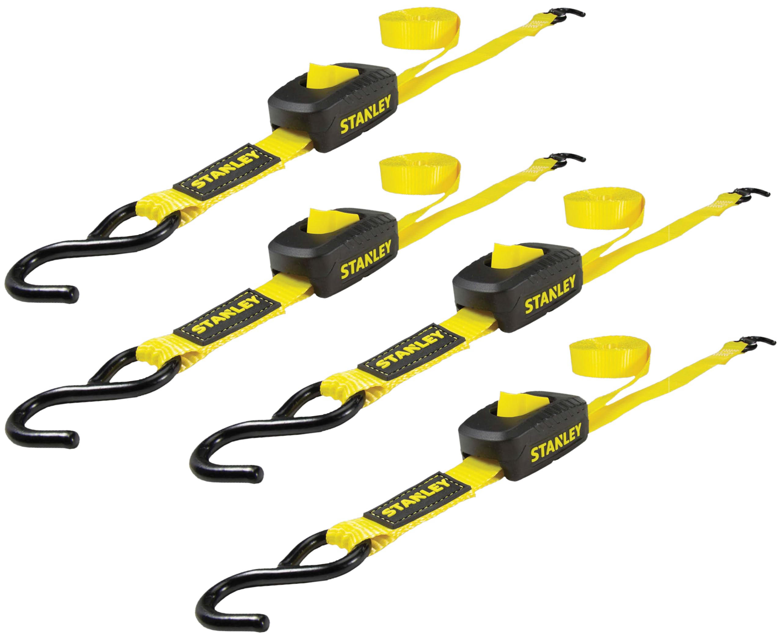 STANLEY S2002 Black/Yellow 1'' x 10' Enclosed Cam-Buckle Tie Down Straps - 400 lb Safe Working Load / 1,200 lb Break Strength, 4 Pack