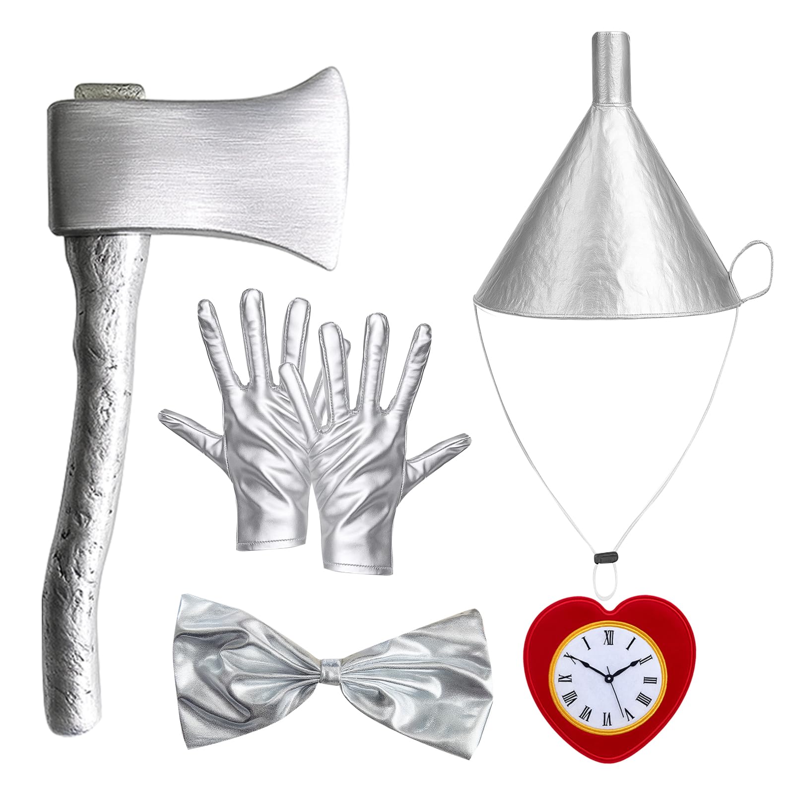 YONEEKSS 6PCS Tin Costume Accessories, Silvery Halloween Dress Up Axe Funnel Hat Set Includes Plastic Axe Funnel Hat, Gloves, Heart Brooch and Bow Tie for Cosplay Party for Adult Kids