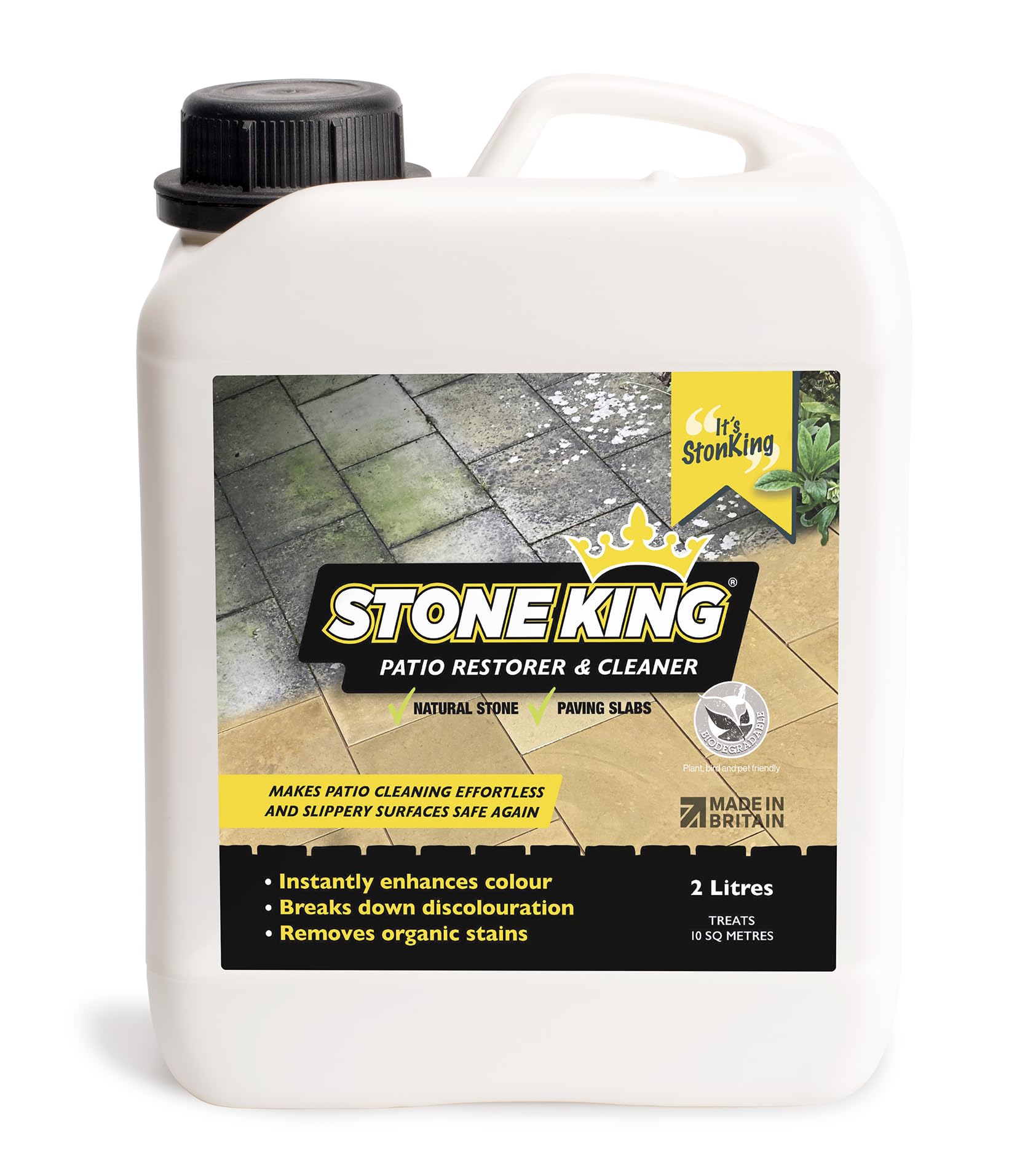 Stone King Patio Restorer and Cleaner – Removes Black Spots and Algae - Restore Natural Colour - Removes Black Lichen, Green Algae and White Fungi - Biodegradable and Acid-free - 2 L