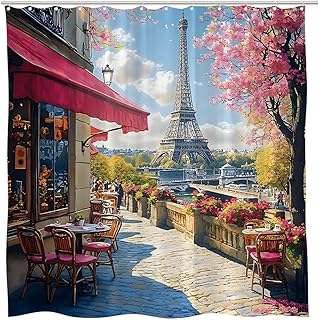Paris Eiffel Tower Shower Curtain French European Ancient Architecture Romantic City Town Cafe Oil Painting Nature Street View Bathroom Curtains Set Polyester Fabric Hooks 70" W x 70" L