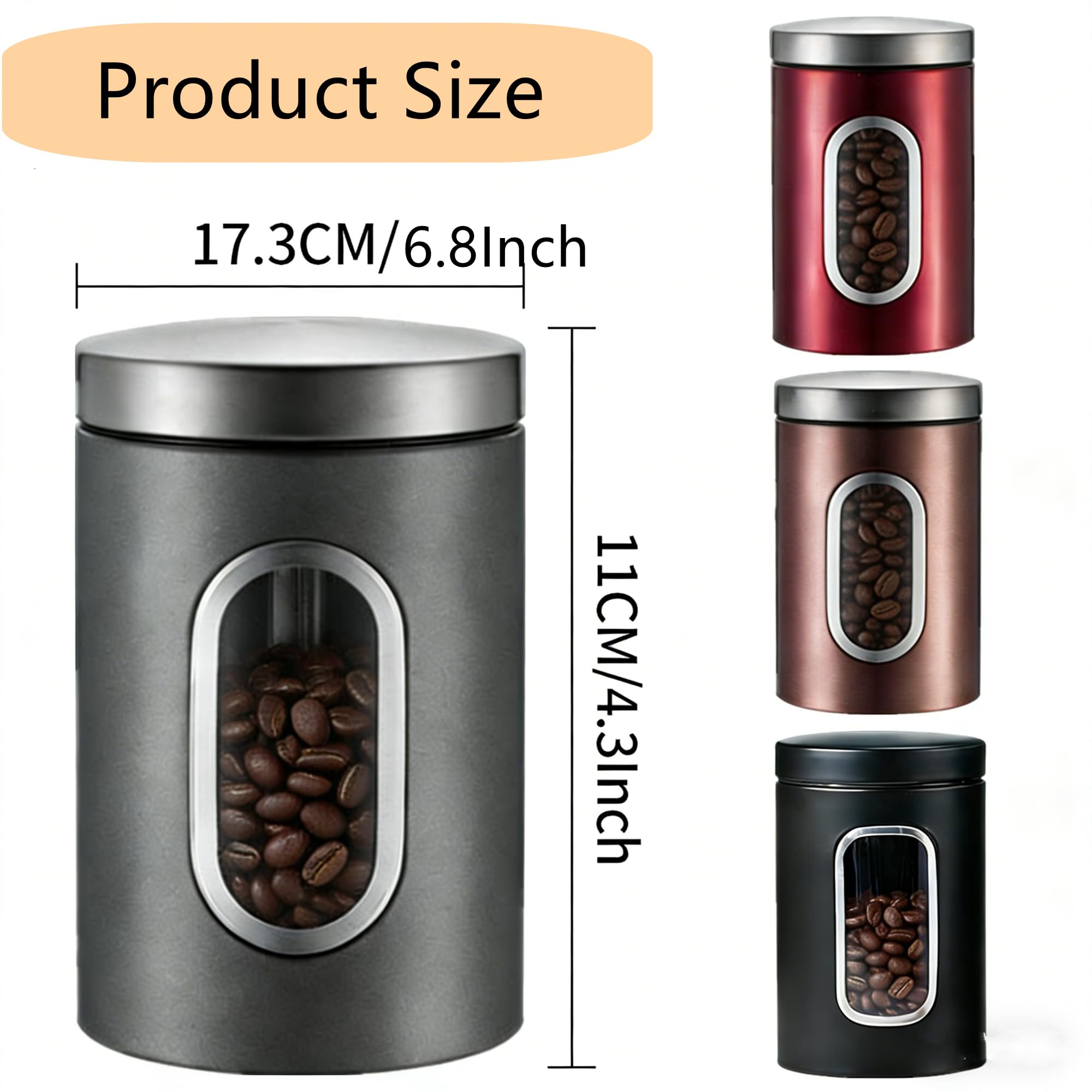 Set di 3 barattoli ermetici da cucina in acciaio inox, con finestra trasparente per tè, caffè, bar, ristorante, piano di lavoro