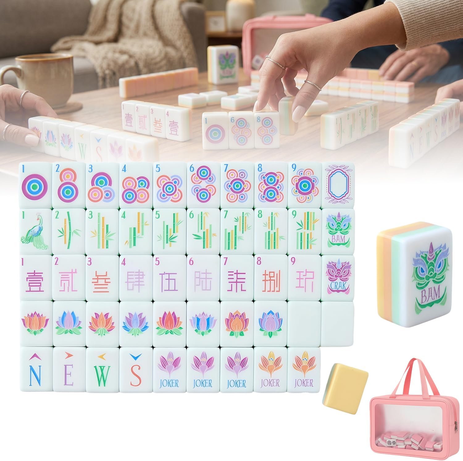 4 Layer Mahjong Tiles, American Mahjong Tile Set - 160 Premium Acrylic 4-Layer Tiles (Yellow & Purple) with Exquisite Carrying Bag, Portable Western Mah Jongg Set(Creamy Yellow)