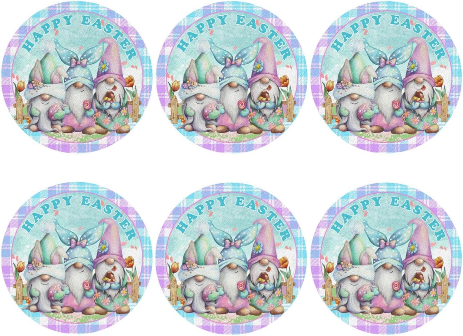 Happy Easter Gnome Cute Funny 6 Pcs Drink Coasters - Leather Coasters Set - Resistant Round Coaster Non-Slip Table Mat - Kitchen Bar Home Decor Housewarming Gift