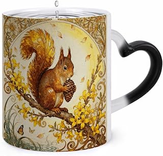 Color Changing Mug, Novelty Coffee Magic Cup, Squirrel Forsythia Branch | Heat Sensitive Coffee Mug, Heart Shape Handle, Ceramic Tea Cup, Surprise Color Changing Design Mugs for Birthday, Christmas