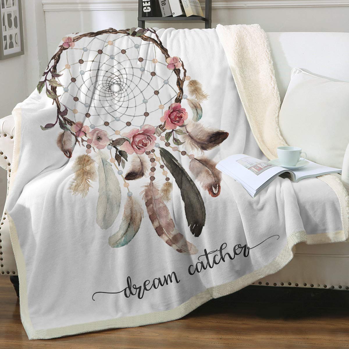 Sleepwish 3D White Dreamcatcher Rose Plush Sherpa Throw Blanket Bohemian Feather Fleece Blanket Native American Cozy Warm Blanket for Bed Couch Chair Tribal Gypsy Fluffy Blankets King(108"x90")