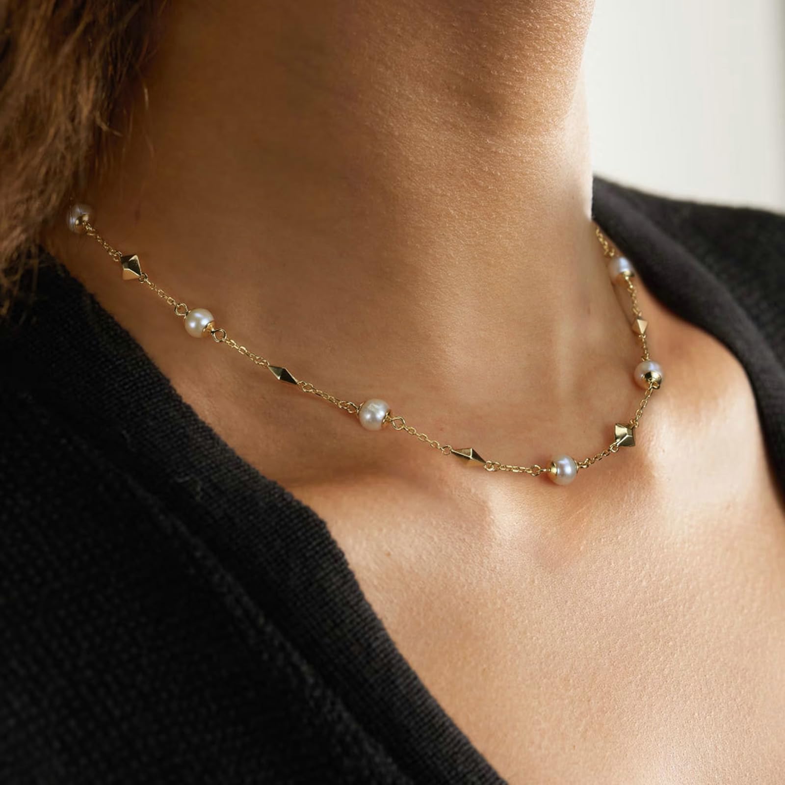 Collana da donna in argento 925, collana da donna in oro, con perle bianche, 45 cm, 45 cm, Argento sterling, Perla