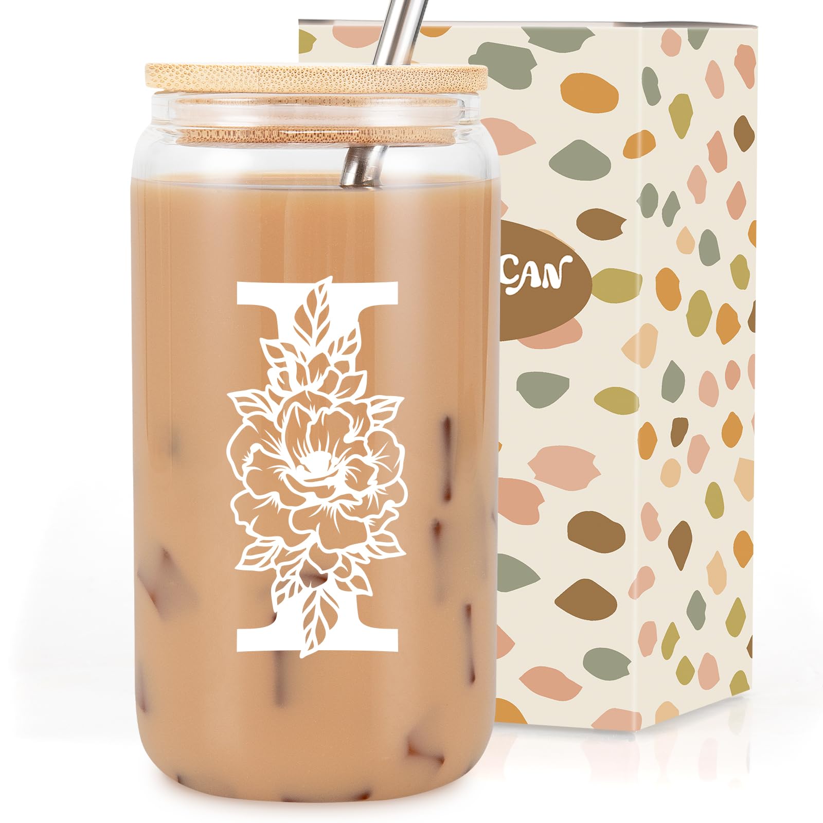 Coolife Initial Glass Cup, Monogrammed Gifts for Women, 16 oz Tumbler w/Lid