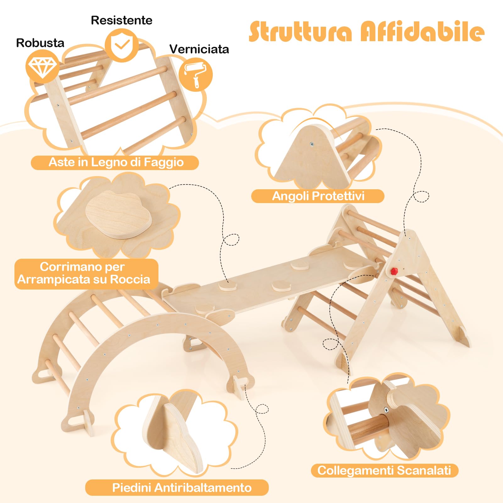 COSTWAY 7 in 1 Set da Arrampicata per Bambini, Giochi Montessori in Legno con Arco, Rampe e Triangolo Pieghevole, Giocattoli da Arrampicata per Bambini 3 Anni+