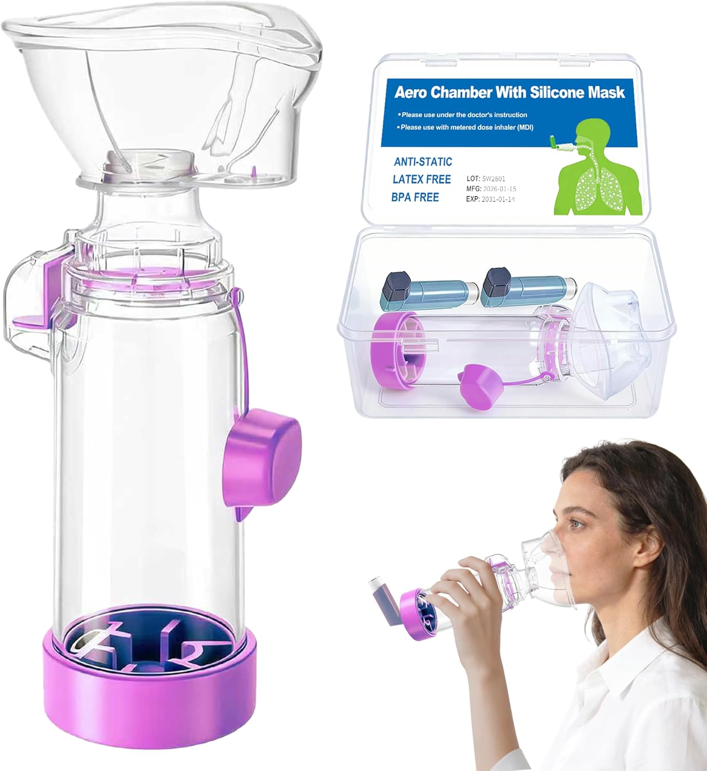 Inhaler Spacer for Adults, OTC Spacer for Inhaler with Silicone Mask, FSA-HSA Eligible, Includes Inhaler Case with Room for MDI & Asthma Care Essentials (Purple/Adult)