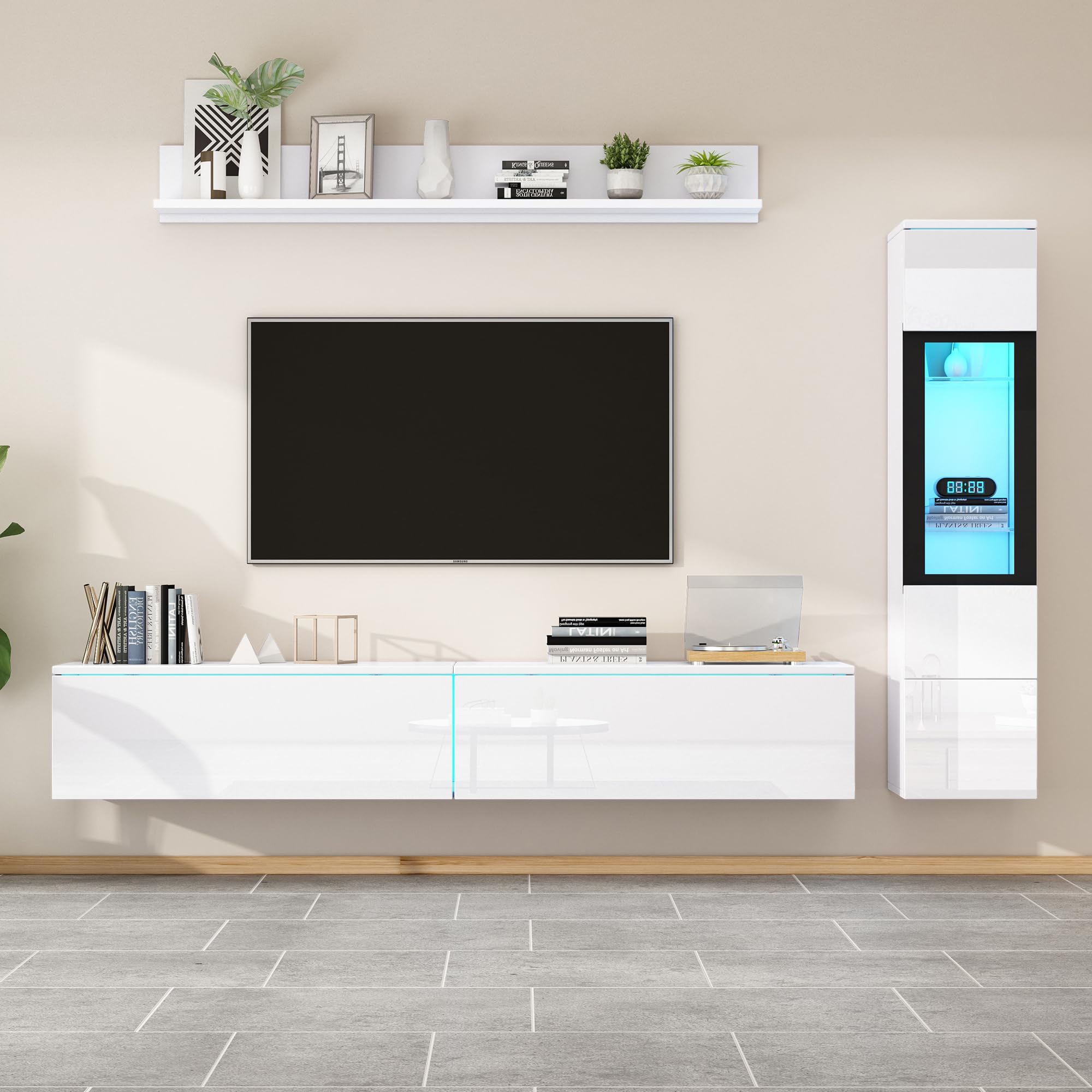 Set da parete per TV, 3 pezzi, illuminazione a LED, bianco lucido, set di mobili da soggiorno, parete frontale bianca, 1 armadio TV, 1 vetrina per soggiorno, 1 mensola sospesa (bianco)