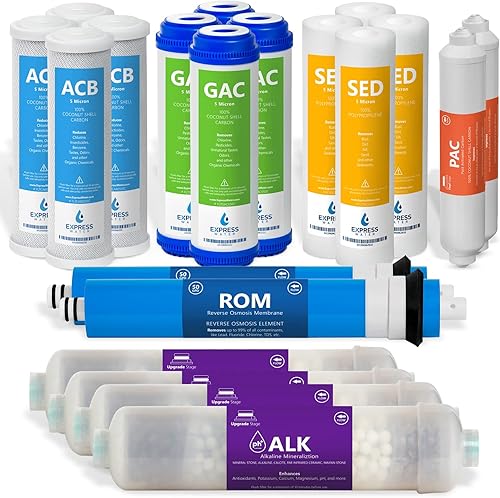 Express Water Juego de filtros de reemplazo del sistema de ósmosis inversa alcalina de 2 años - 20 filtros con membrana RO de 50 GPD - Filtros de