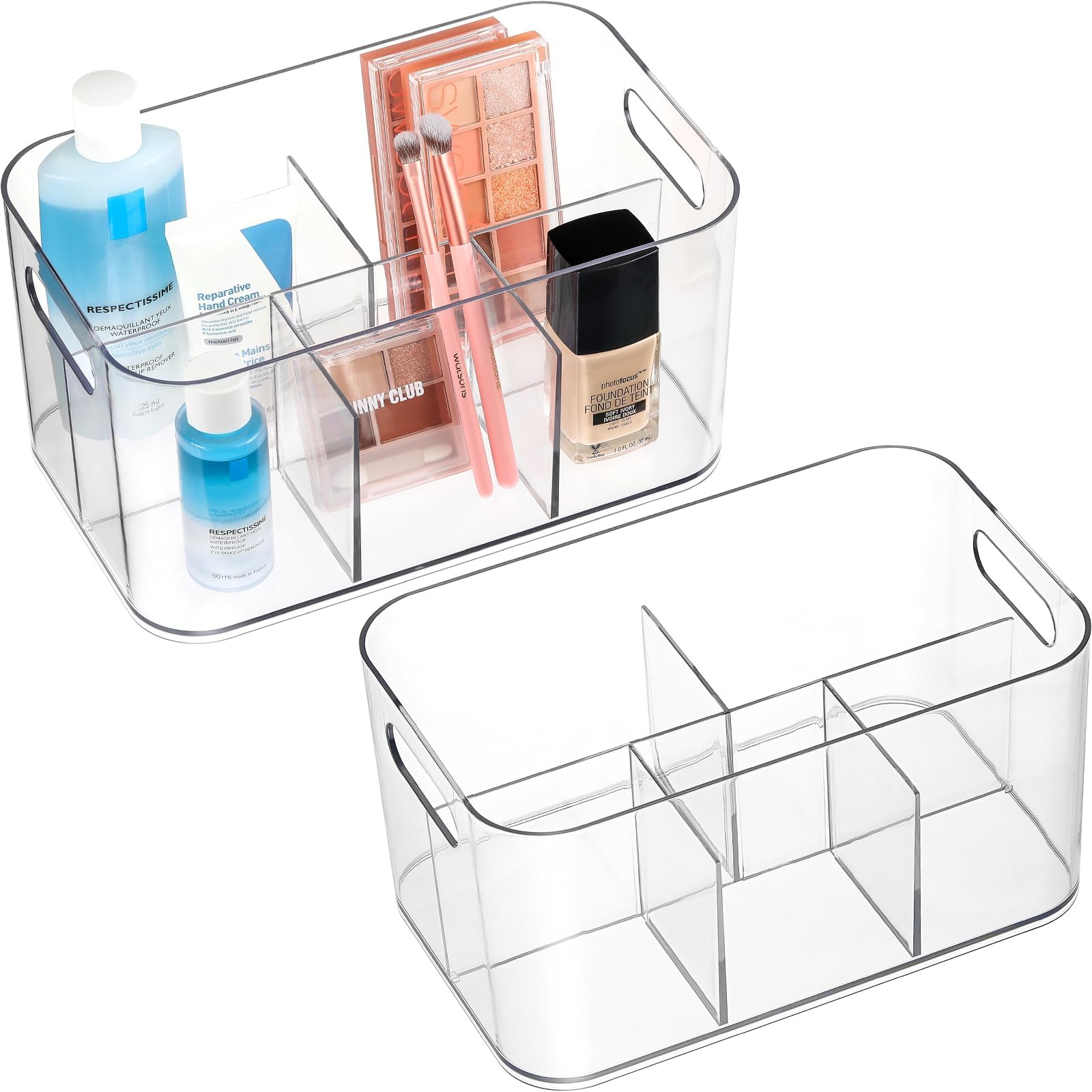 2 Pack, 5-Compartment Clear Plastic Bin - Divided Cosmetic Makeup Caddy Organizer - Multiuse Storage Container for Vanity, Bathroom, Kitchen, Pantry, Office, Craft, Cutlery Cabinet Organizing