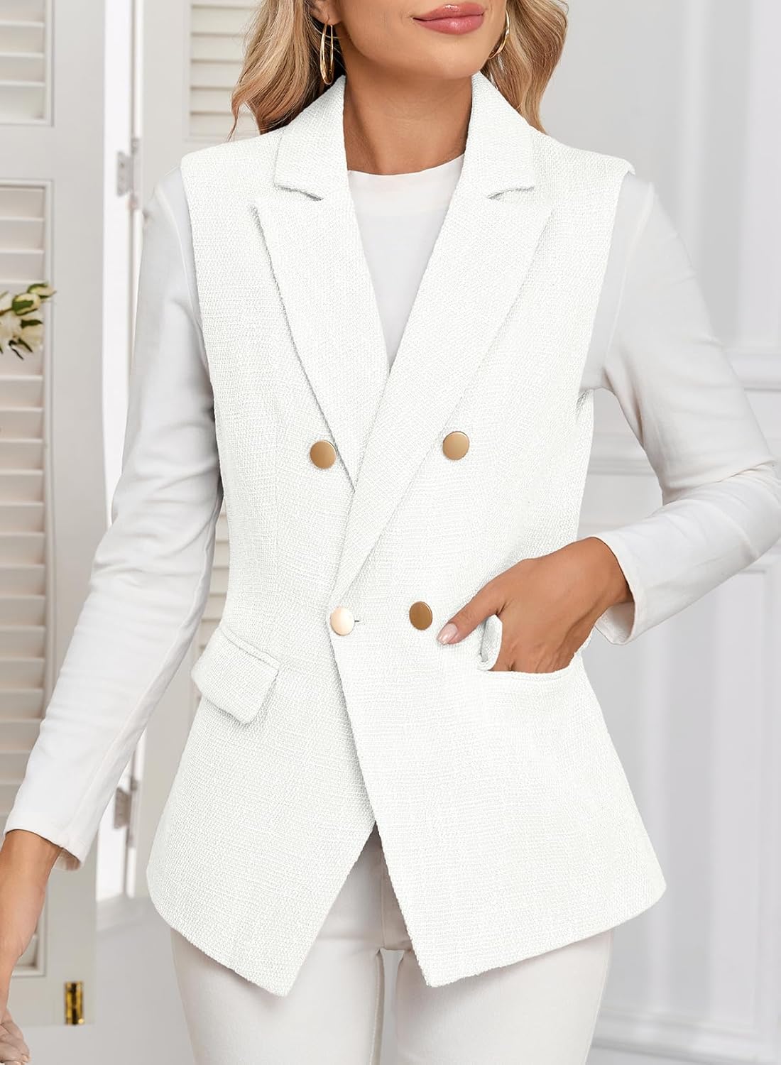 Happy Sailed Women’s Vest Tops Fall Winter Sleeveless Tweed Blazer Jackets Double Breasted Work Suit with Pockets