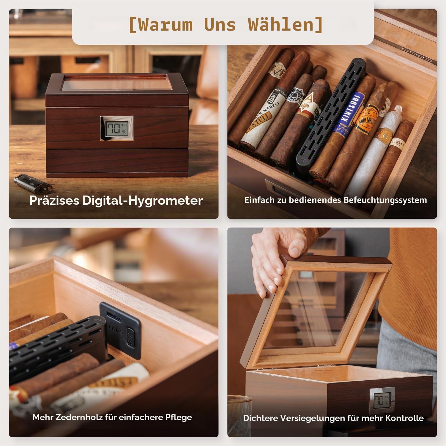 Case Elegance Handgefertigter Humidor aus Zedernholz mit digitalem Hygrometer vorne, Luftbefeuchterlösung und Zubehörschublade für 25-50 Zigaretten