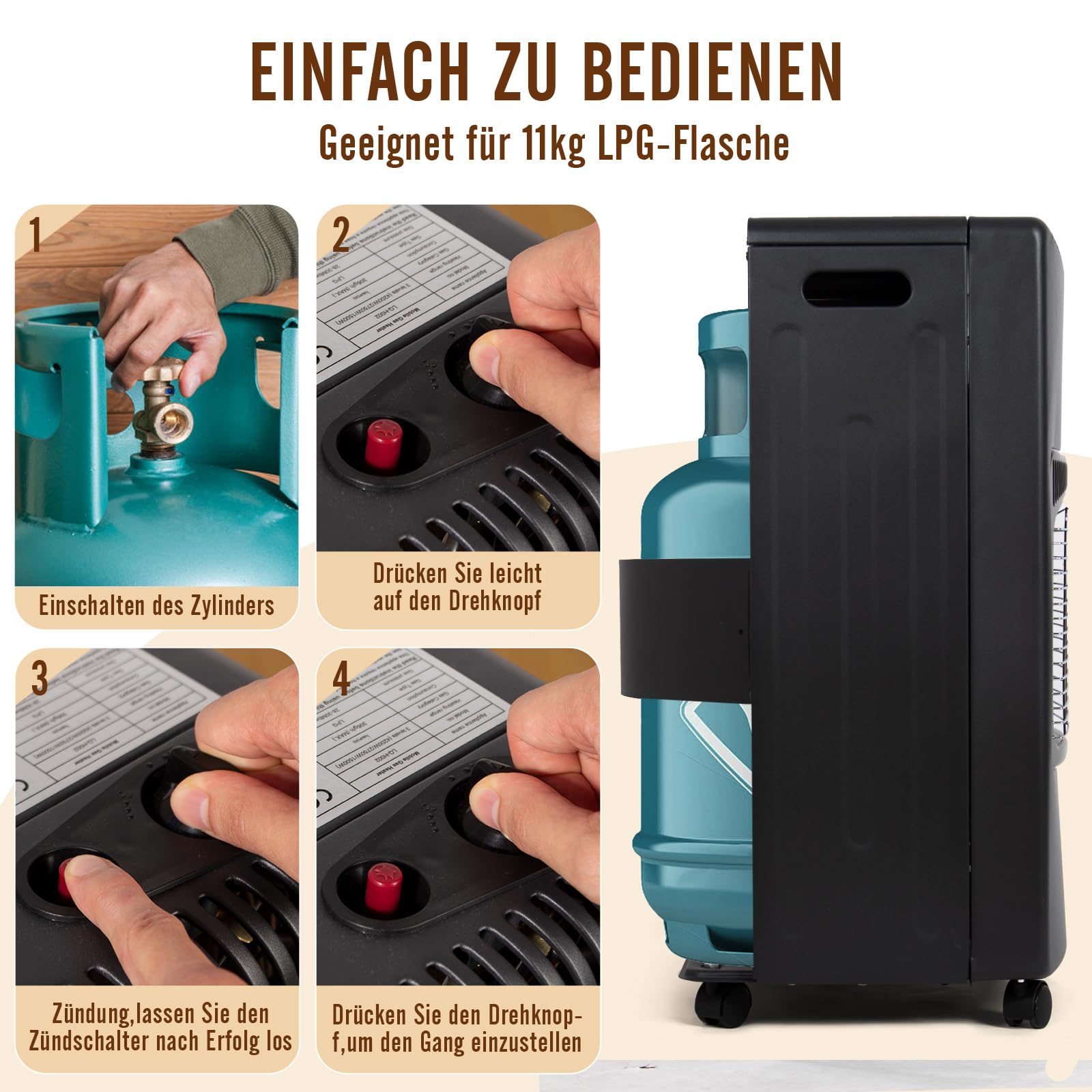 Todeco 4200 Watt Keramik Gasheizer Gasheizung Gasofen, Schwarz, 3 Heizstufen, inkl. Druckregler, Gasschlauch, Keramik Gasheizung für Balkone und gut belüftete Innen- und Außenbereiche