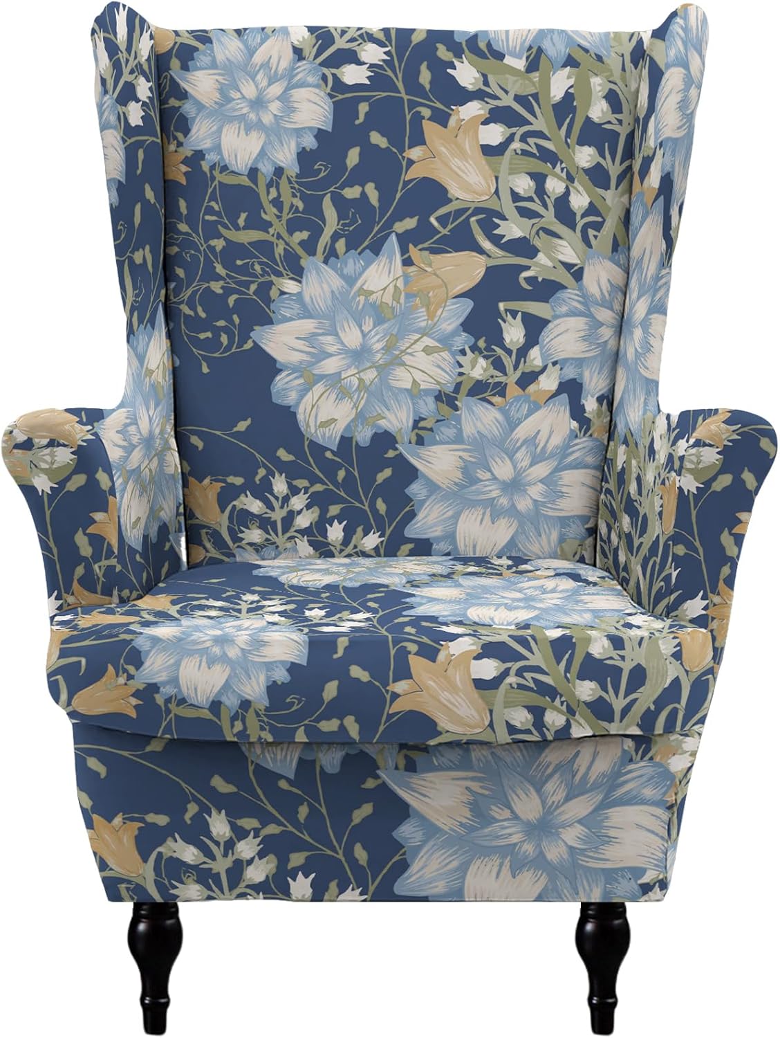 Printed Wingback Armchair Slipcover Vintage Single Sofa Cover Stretch Washable Furniture Protector for Bedroom Living Room Dining Room Blue Floral